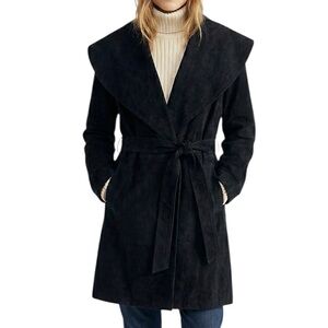 Danier Black Suede Leather Wrap Coat Large Collar Tie Belt Made in Canada L